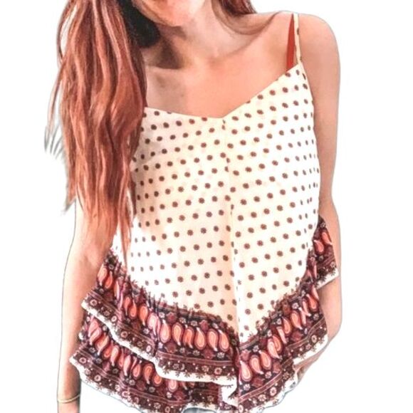 Maeve Anthropologie Buteh Borders Cream & Red Tiered Ruffled Hem Tank Top Size M - Picture 1 of 9